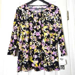 NWT Liz Claiborne black knit top blouse with multicolor orchid floral print XL
